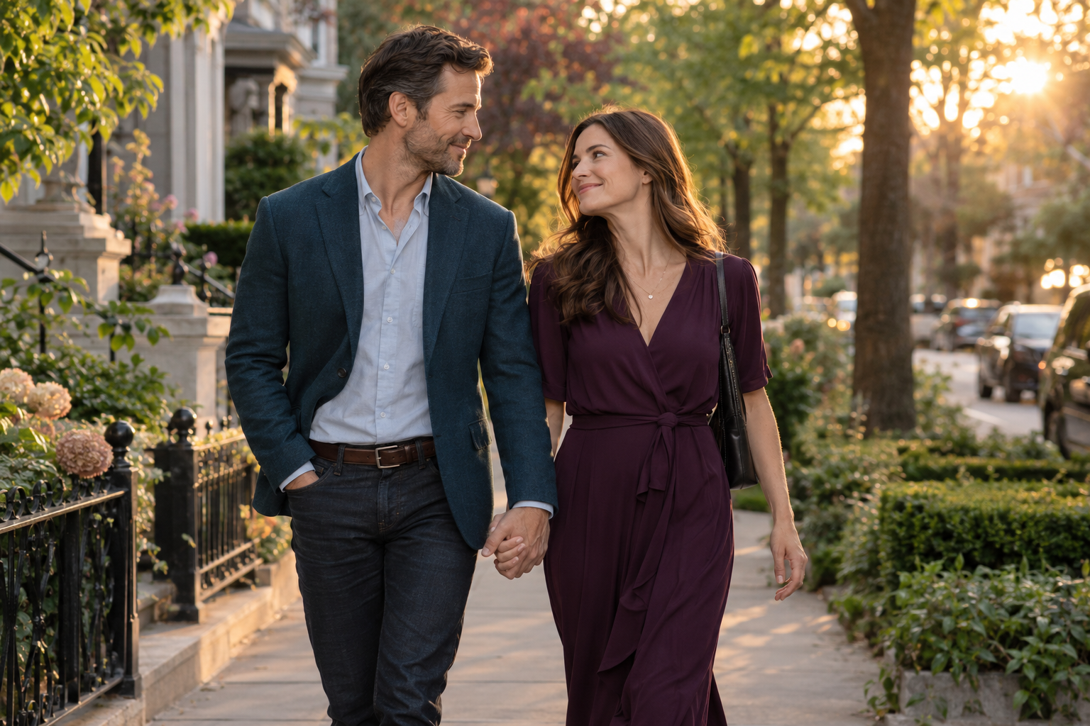 Couple holding hands on an evening walk while reconnecting after a demanding workday