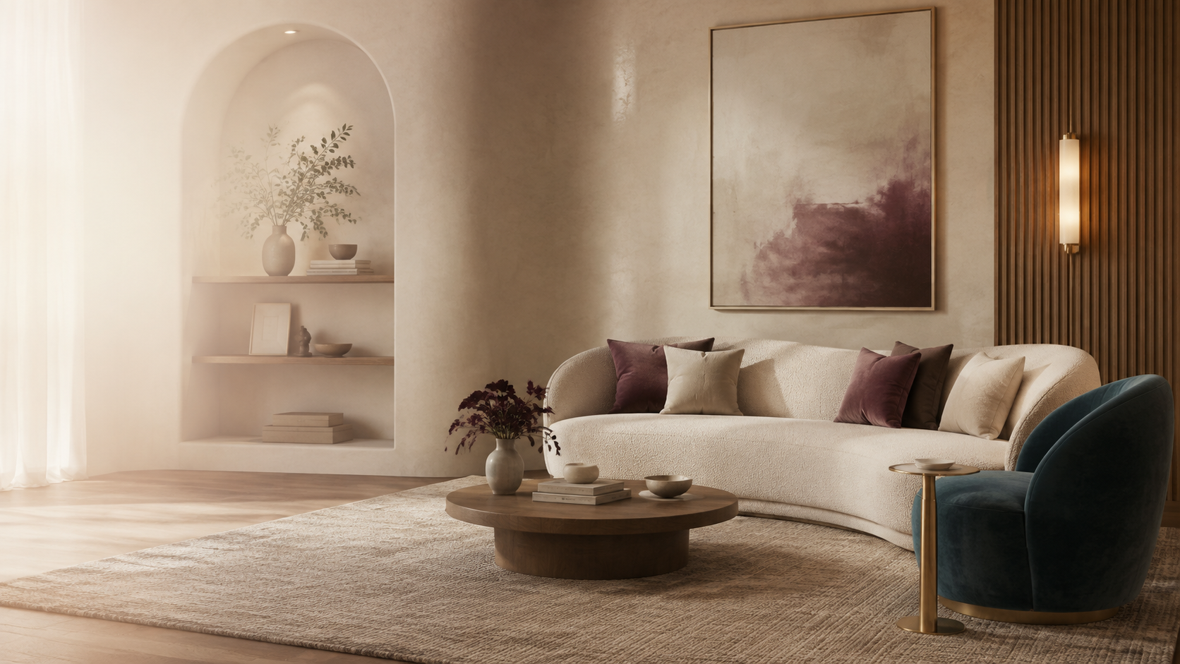 Warm, calming virtual therapy space with soft neutral tones