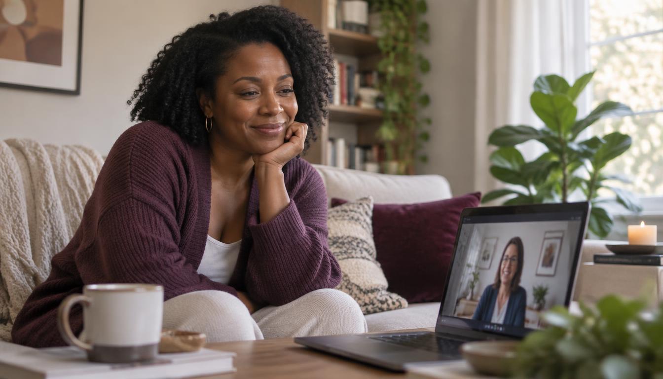 Woman of color smiling with relief during a virtual mental health counseling session at home in Texas, Colorado, or Missouri
