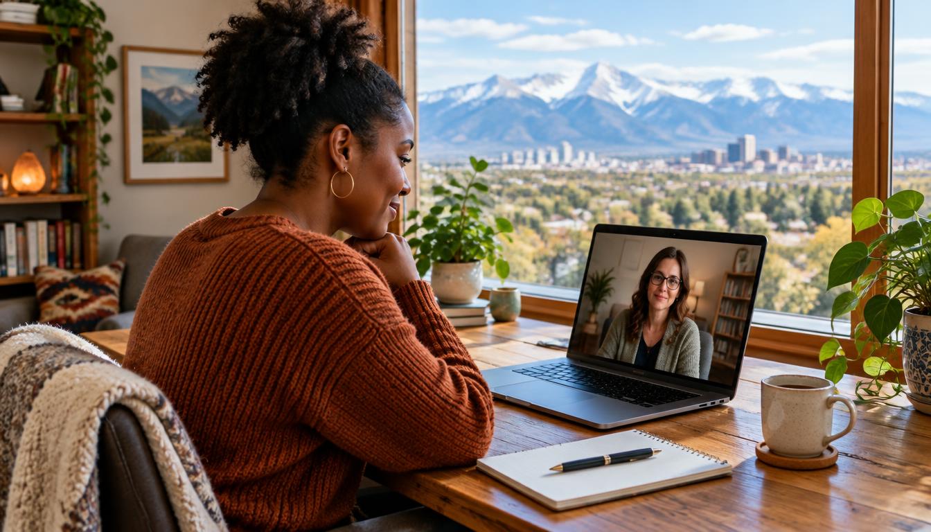 Woman in a Denver home attending an online therapy session by laptop with the Colorado Rocky Mountains outside the window