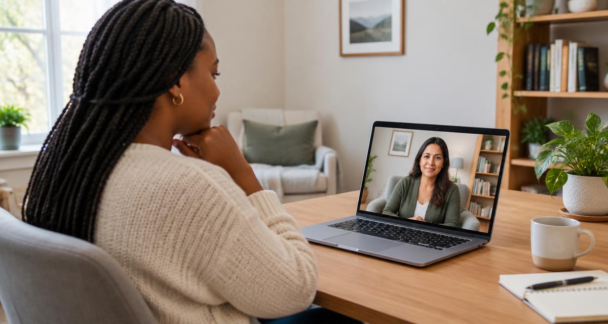 Client talking with a counselor by laptop during a telehealth session, illustrating online therapy available in Texas, Colorado, and Missouri